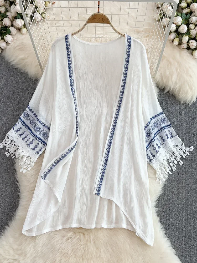 Embroidery Zig Zag Stitch - 女性のボヘミアンエスニックスタイルのショールトップ、刺繍されたタッセル、薄いセクション、白い長い日焼け止めカーディガン、夏、gd773