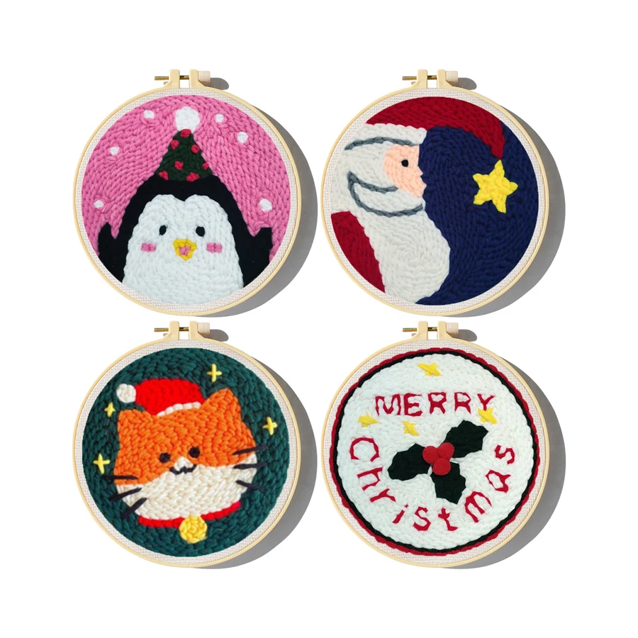 Embroidery Xmas Decorations - 糸付きクリスマスパンチ針キット,初心者向け,日曜大工,針仕事,ウール,クリスマスギフト,家の装飾