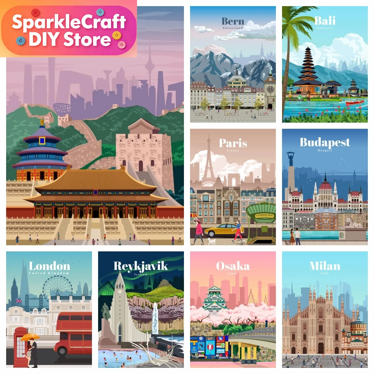 Embroidery Bali - 1pc フレームレス 5d DIY ダイヤモンドアート絵画キットアムステルダム東京ロンドンアイスランドバリバンクーバー旅行刺繍モザイククロスステッチ