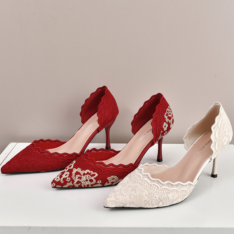 Embroidery Red - 高級赤白レース刺繍ハイヒール花嫁靴女性ブランドデザインポインテッドトゥスティレットパンプスレディースウェディングドレス靴