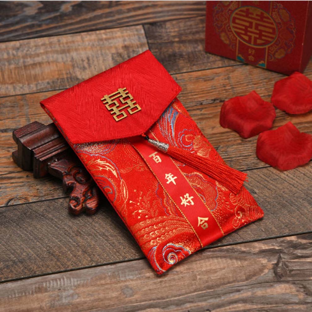 Embroidery Red - 新年の祝福の言葉入り紅封筒 春節ブロケード布タッセル 2025年 マネーポケット 紅包 刺繍