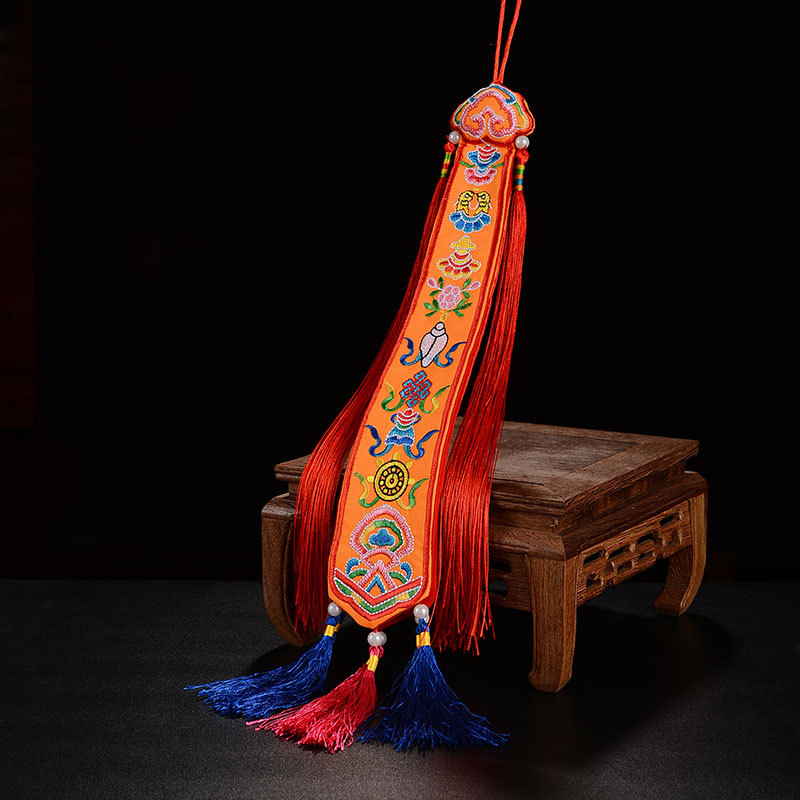Embroidery Red - チベットのリボン旗ネパール手作り八吉祥タンバリン刺繍ペンダント、仏教ホール赤い旗吊り下げ装飾