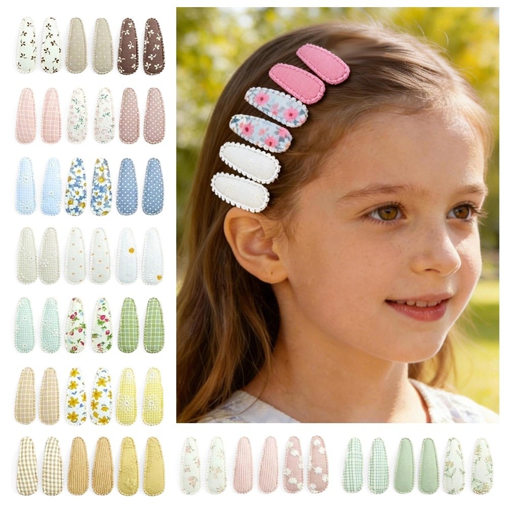Embroidery Love - 6個セット 可愛い2インチベビーヘアクリップ 花柄プリント手作りヘアピン コットン格子柄レース刺繍ヘアピン 女の子用