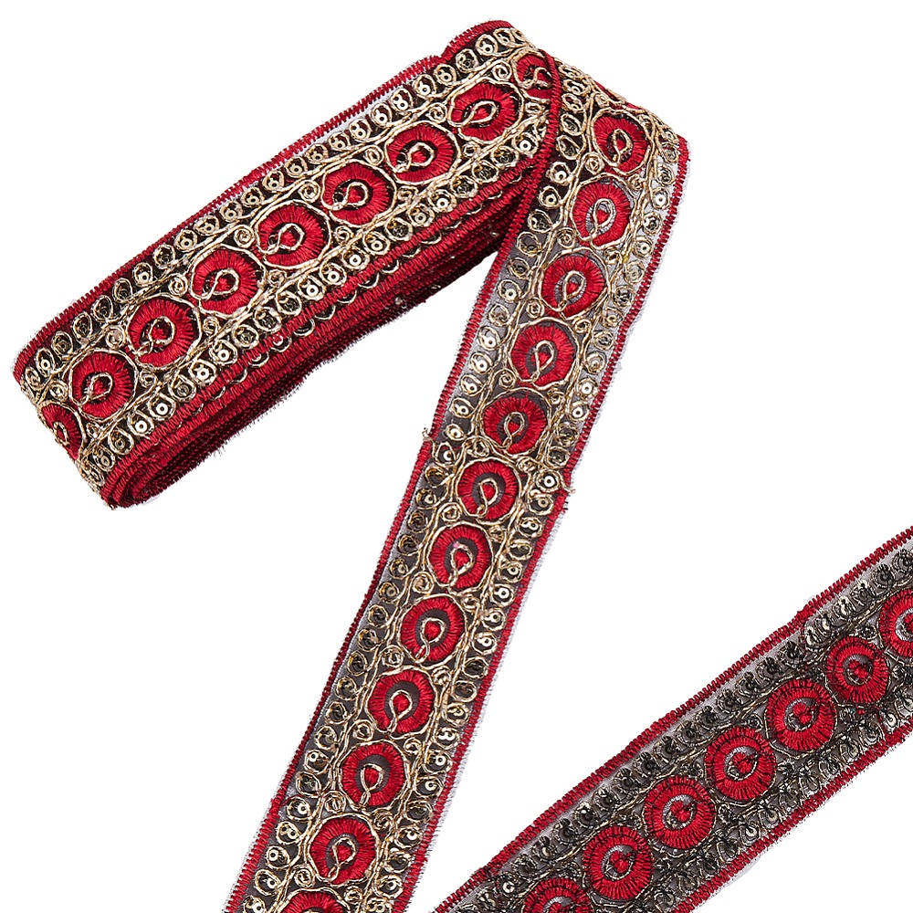 Embroidery Red - 10ヤード 1.77インチ レッド 刺繍リボン メタリックグリッター スパンコール
