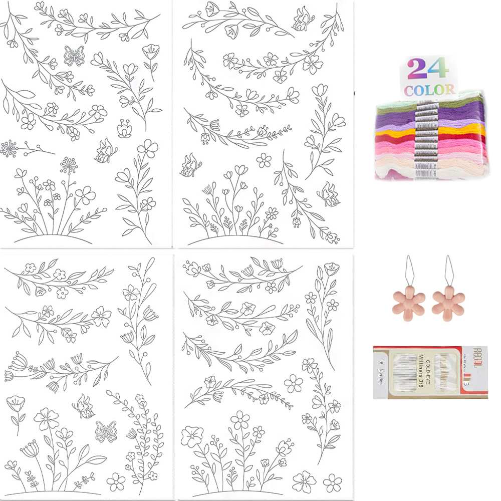 Embroidery Flower Pattern - 水溶性刺繍安定紙 スティックステッチ 洗い落とせるシート 花柄・文字柄 初心者向け 手縫い用品