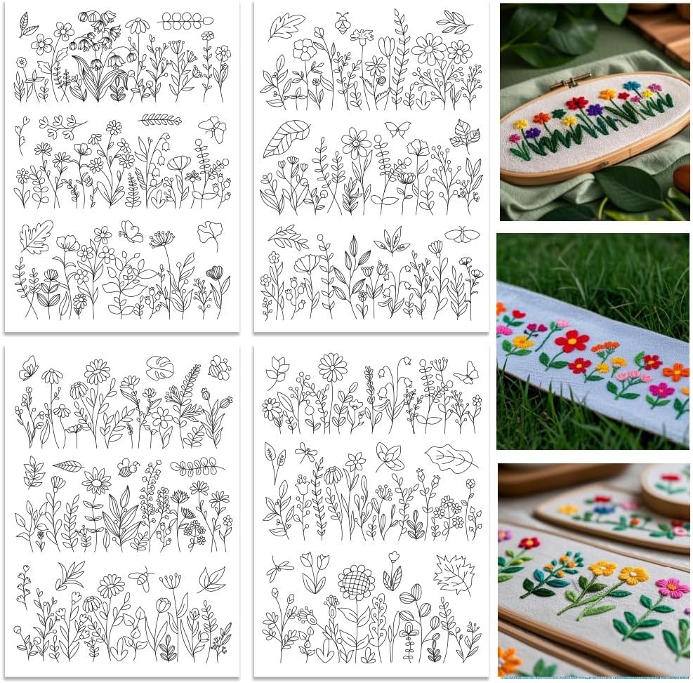 Embroidery Flower Pattern - 水溶性刺繍パターンスタビライザー、プリプリントされた野花と開花する低木のデザイン、DIYクラフトや縫製用