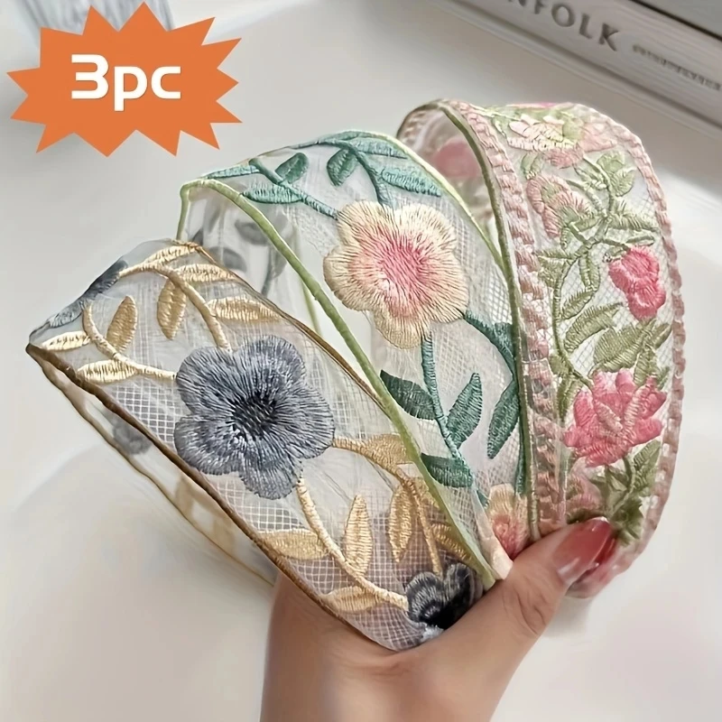 Embroidery Hoop - 1/3 個エレガントなシフォン刺繍フラワーヘアバンド – 甘い花ヘッドバンドターバンフープ女性ファッションヘアアクセサリー