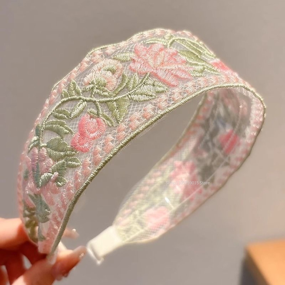 Embroidery Hoop - 春のレース刺繍花柄ヘッドバンド新しいエレガントなシフォンつば広ガールレース帽子ヘアフープバンドアクセサリー