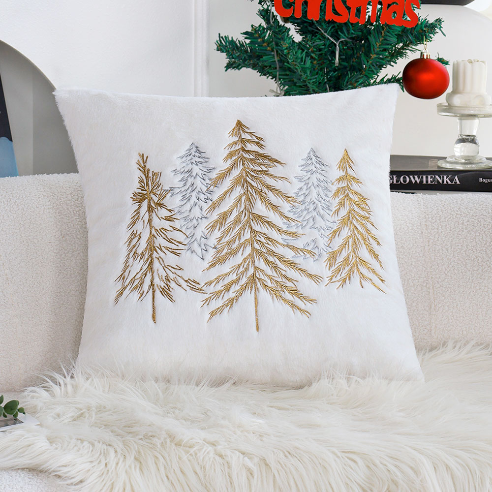 Embroidery Xmas Decorations - クリスマスフェイクラビットファー枕カバー 45x45cm ゴールドシルバー クリスマスツリー刺繍クッションケース クリスマスホームデコレーション ソファ用