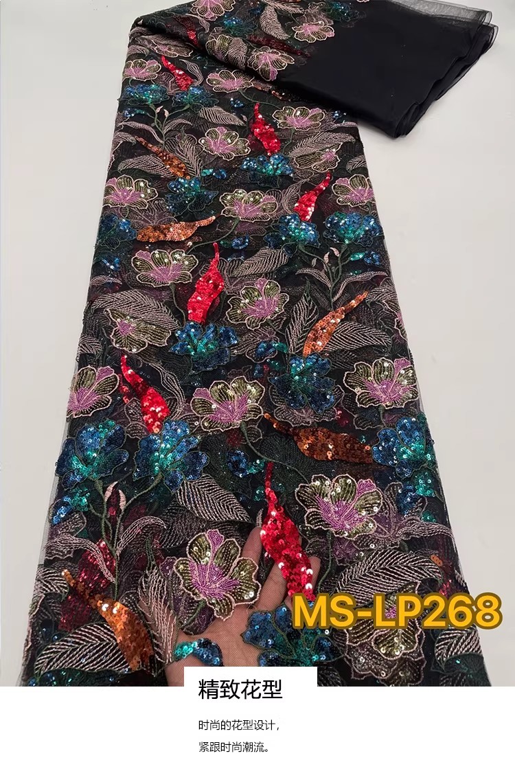 Embroidery Net Fabric - 1ヤード高級ダブルカラービーズフラワーシークイン刺繍テラドレスチャイナドレスDIY縫製生地新作ソフトメッシュ生地