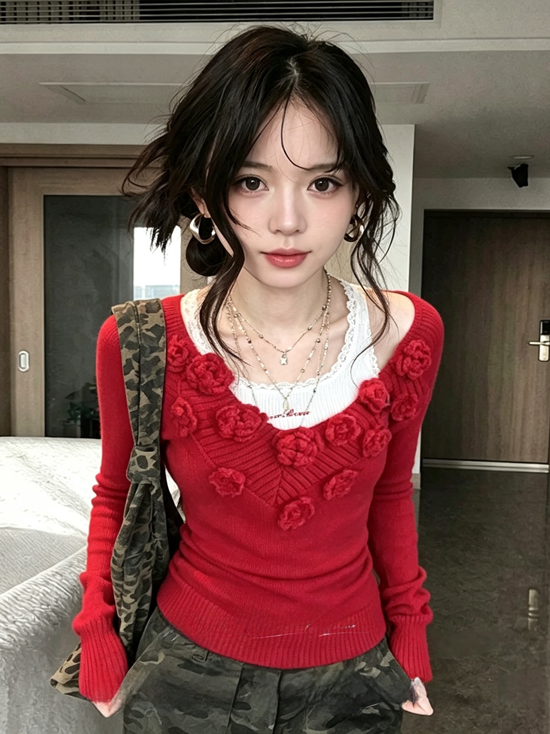 スリムVネックレッドニットトップス レディースファッションデ - Embroidery Design 3D のレビューと価格