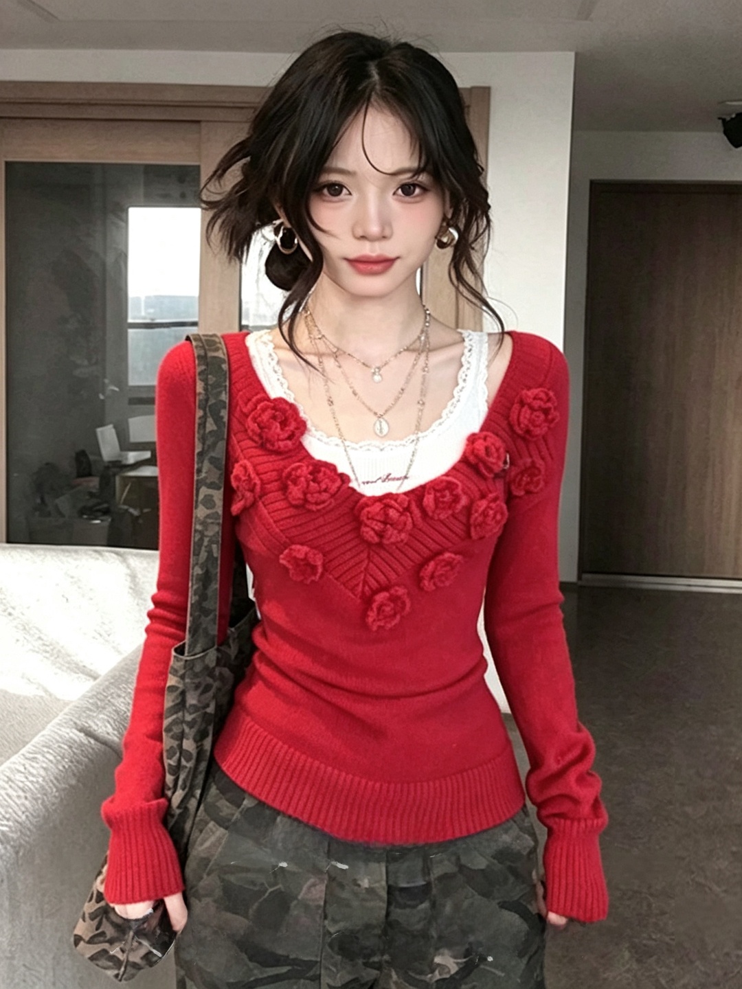 スリムVネックレッドニットトップス レディースファッションデ - Embroidery Design 3D のレビューと価格