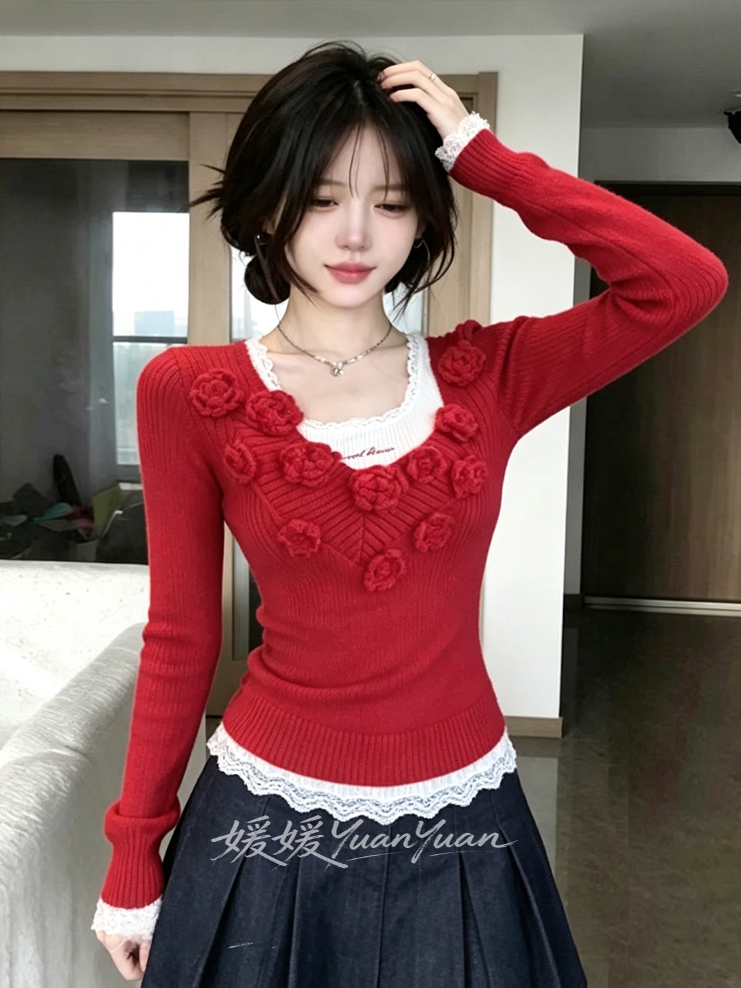 スリムVネックレッドニットトップス レディースファッションデ - Embroidery Design 3D のレビューと価格