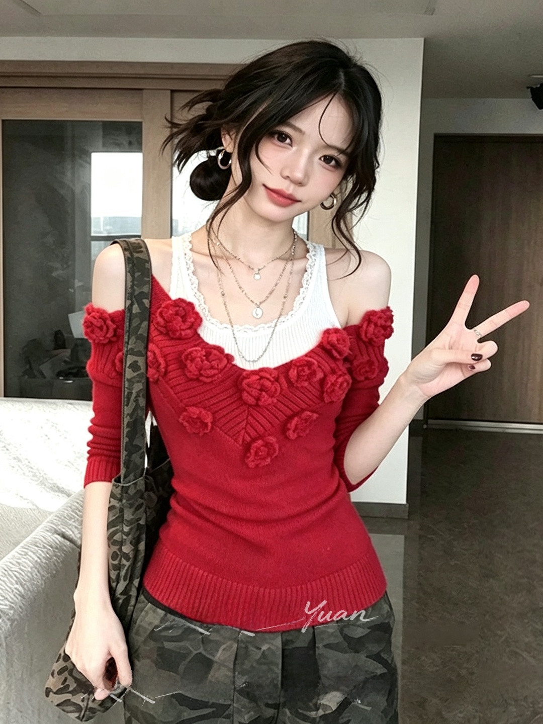 スリムVネックレッドニットトップス レディースファッションデ - Embroidery Design 3D のレビューと価格