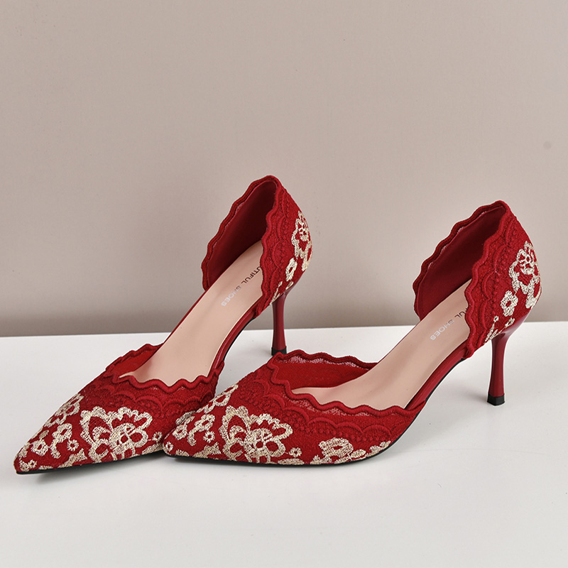 高級赤白レース刺繍ハイヒール花嫁靴女性ブランドデザインポイン - Embroidery Red のレビューと価格