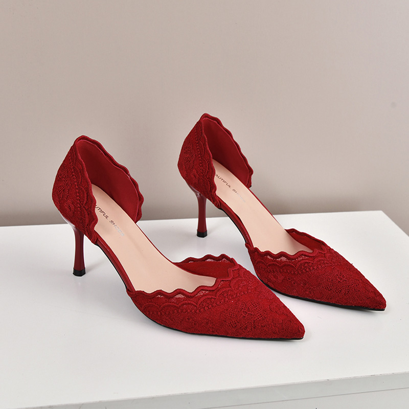 高級赤白レース刺繍ハイヒール花嫁靴女性ブランドデザインポイン - Embroidery Red のレビューと価格