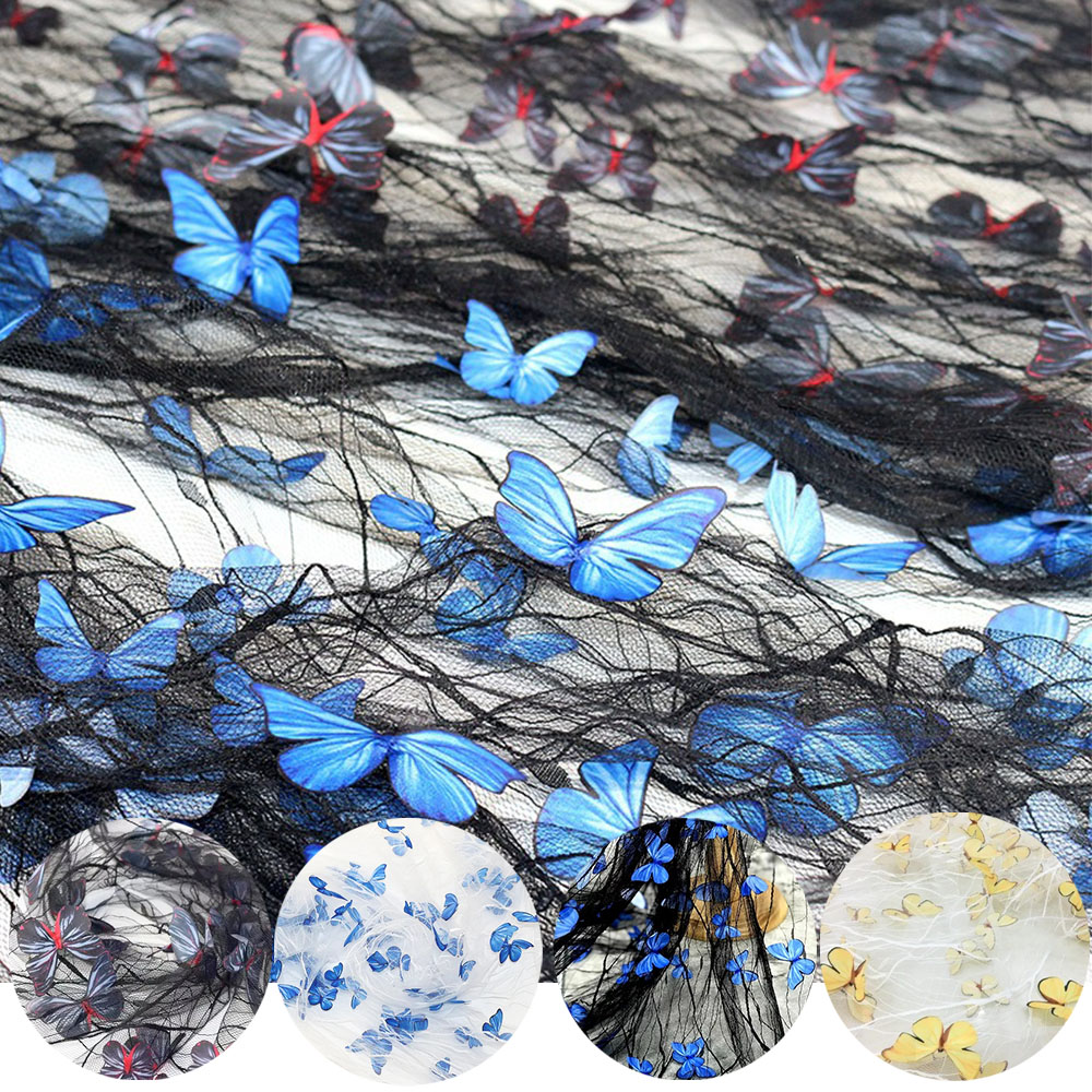 3Dバタフライフラワーレースメッシュ生地、黒、透明、青、ウェ - Embroidery Design 3D のレビューと価格
