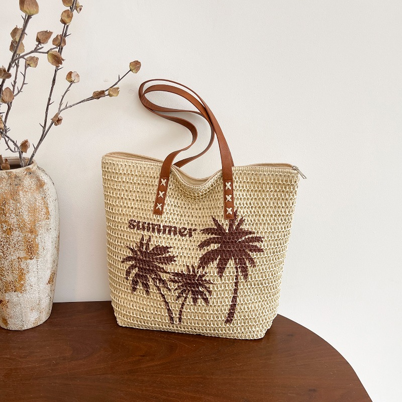 シンプルトレンド刺繍ココナッツツリー柄ストローウーブンバッグ - Embroidery Bali のレビューと価格