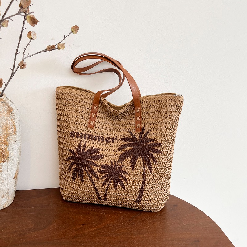 シンプルトレンド刺繍ココナッツツリー柄ストローウーブンバッグ - Embroidery Bali のレビューと価格