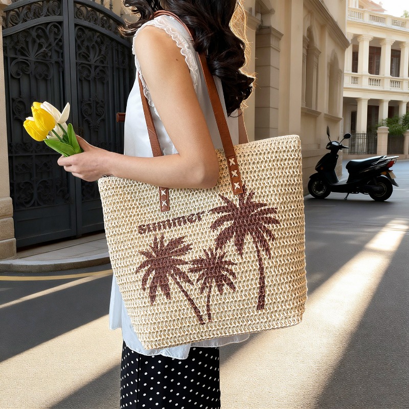 シンプルトレンド刺繍ココナッツツリー柄ストローウーブンバッグ - Embroidery Bali のレビューと価格