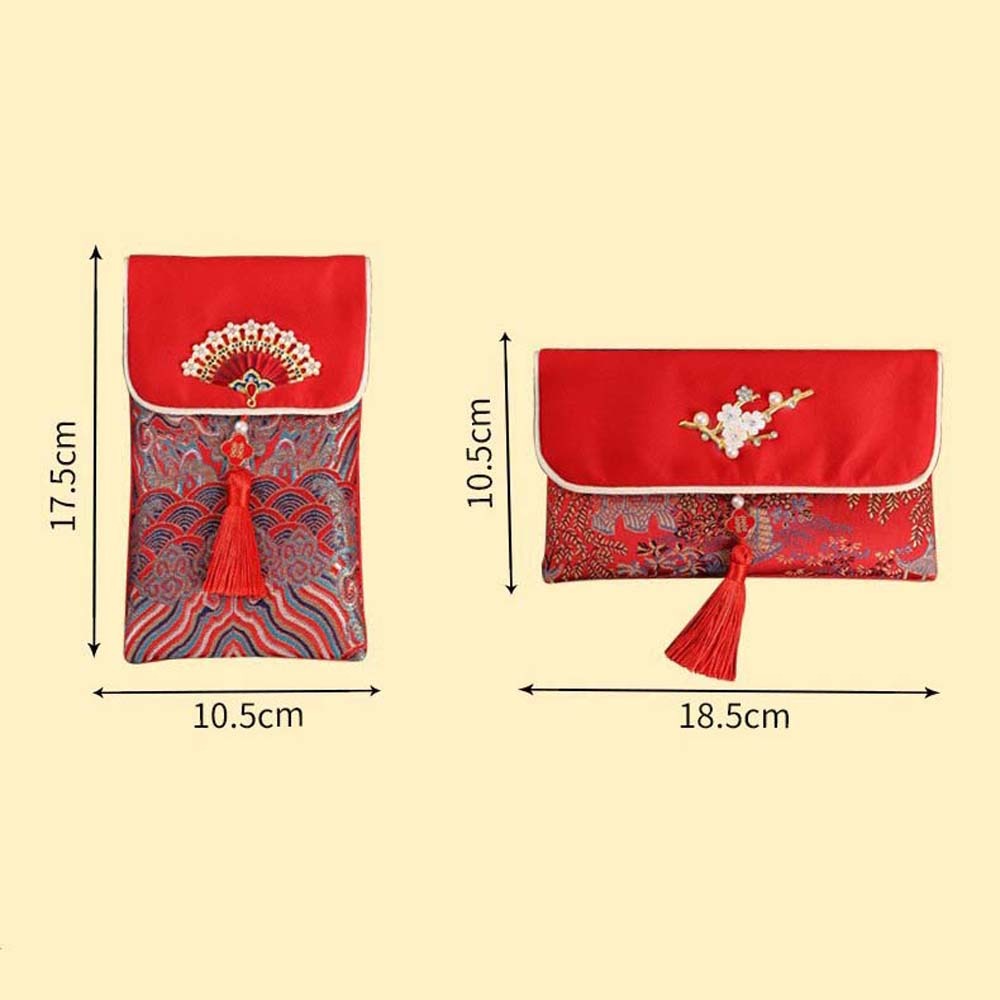 新年の祝福の言葉入り紅封筒 春節ブロケード布タッセル 202 - Embroidery Red のレビューと価格
