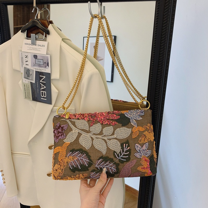 スパンコール刺繍クラッチバッグ女性用チェーンショルダークロス - Embroidery Bali のレビューと価格