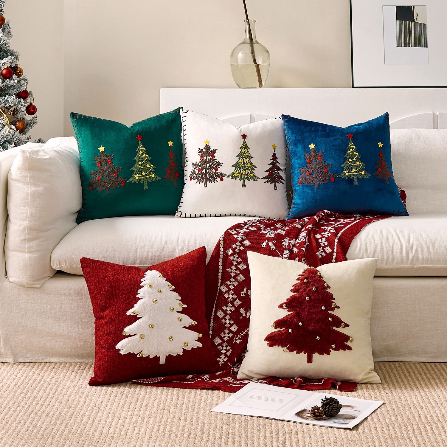 1pc 刺繍クッションカバー クリスマス枕カバー グリーン  - Embroidery Xmas Decorations のレビューと価格