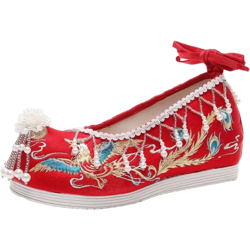 女性用新作赤い刺繍入りウェディングシューズ、民族風、内側に紐 - Embroidery Red のレビューと価格