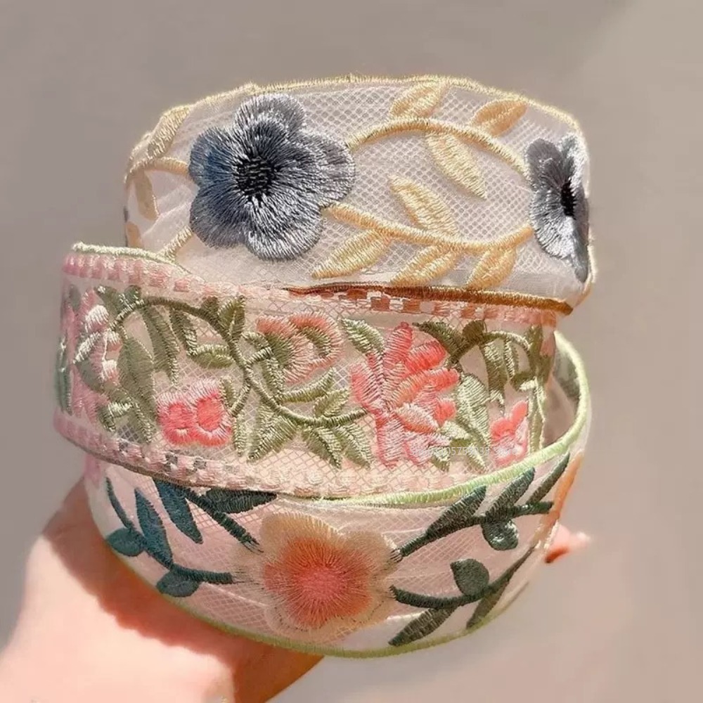 春のレース刺繍花柄ヘッドバンド新しいエレガントなシフォンつば - Embroidery Hoop のレビューと価格