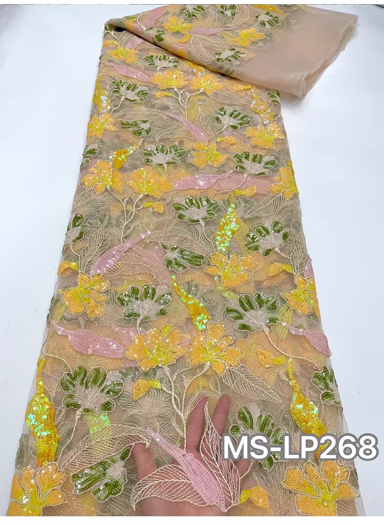 1ヤード高級ダブルカラービーズフラワーシークイン刺繍テラドレ - Embroidery Net Fabric のレビューと価格