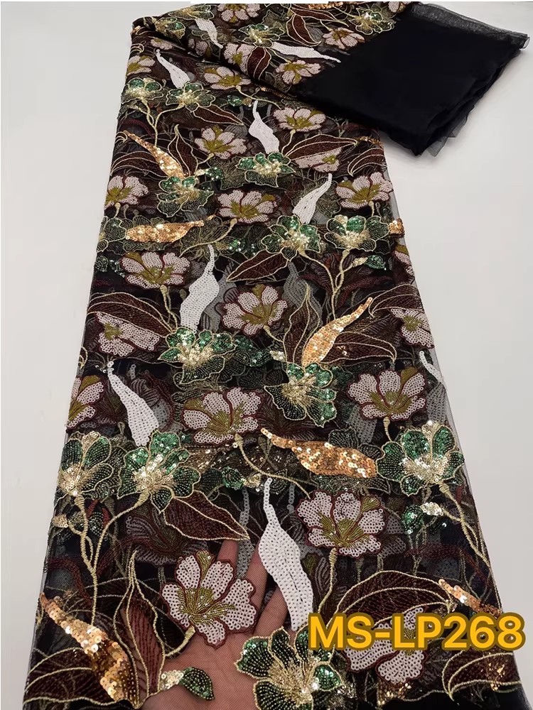 1ヤード高級ダブルカラービーズフラワーシークイン刺繍テラドレ - Embroidery Net Fabric のレビューと価格