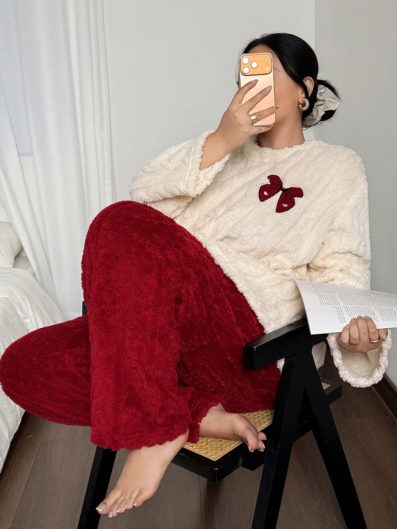 プラスサイズ 1XL-5XL 女性秋冬厚手のフランネルパジャ - Embroidery Red のレビューと価格